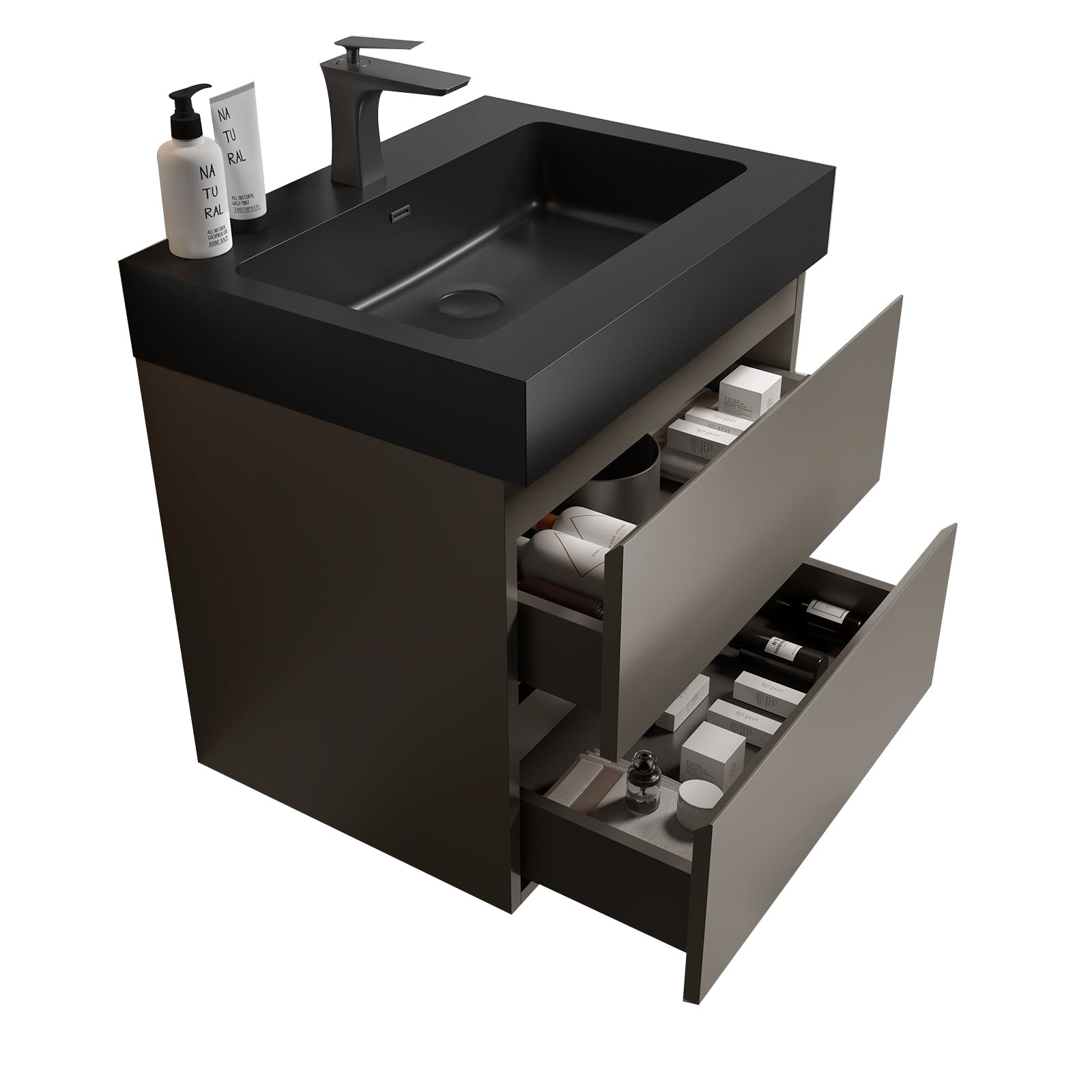 Alice 24" Gray Bathroom Vanity With Sink, Large Storage Wall Mounted Floating Bathroom Vanity For Modern Bathroom, One Piece Black Sink Basin Without Drain And Faucet, Pre Assembled Black Gray Melamine