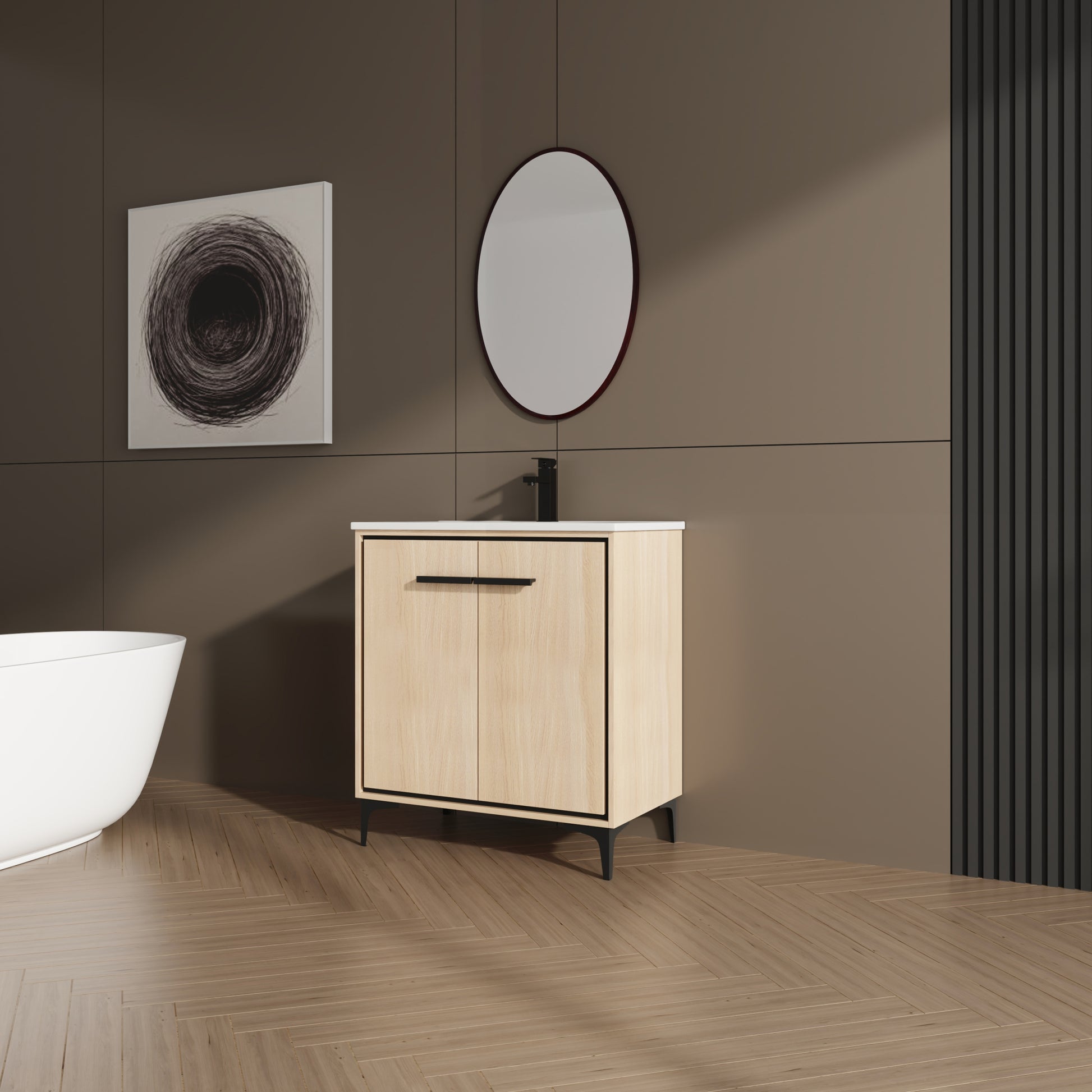 30 Inch Bathroom Vanity Base With Basin, Storage Cabinet With Doors, Engineered Wood Oak Bathroom American Design Ceramic Engineered Wood