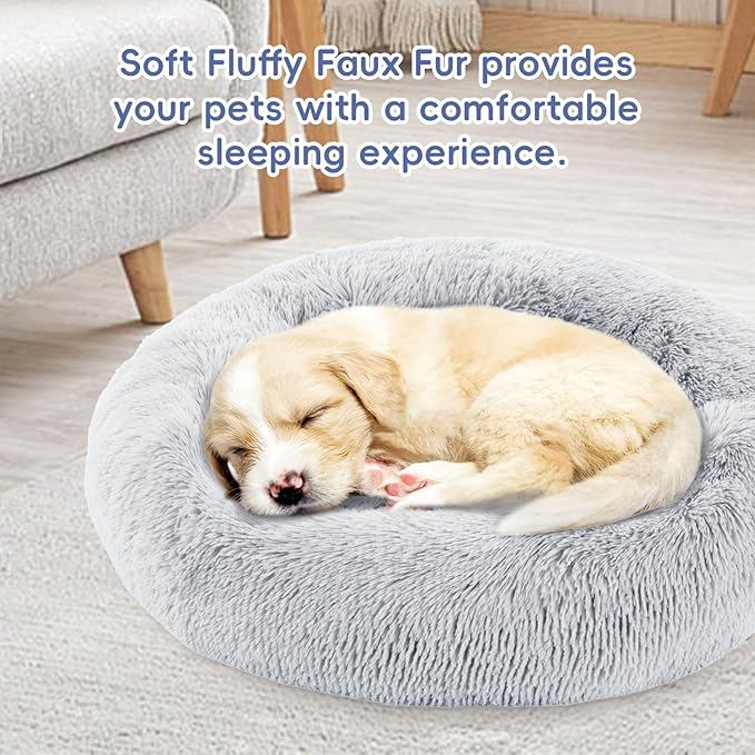 24 Inch Donut Dog Bed, Calming Bed For Dogs, Grey Cat Bed Washable, Round Dog Donut Bed Washable, Plush Fur Dog Bed, Dog Cuddle Bed Grey Faux Fur