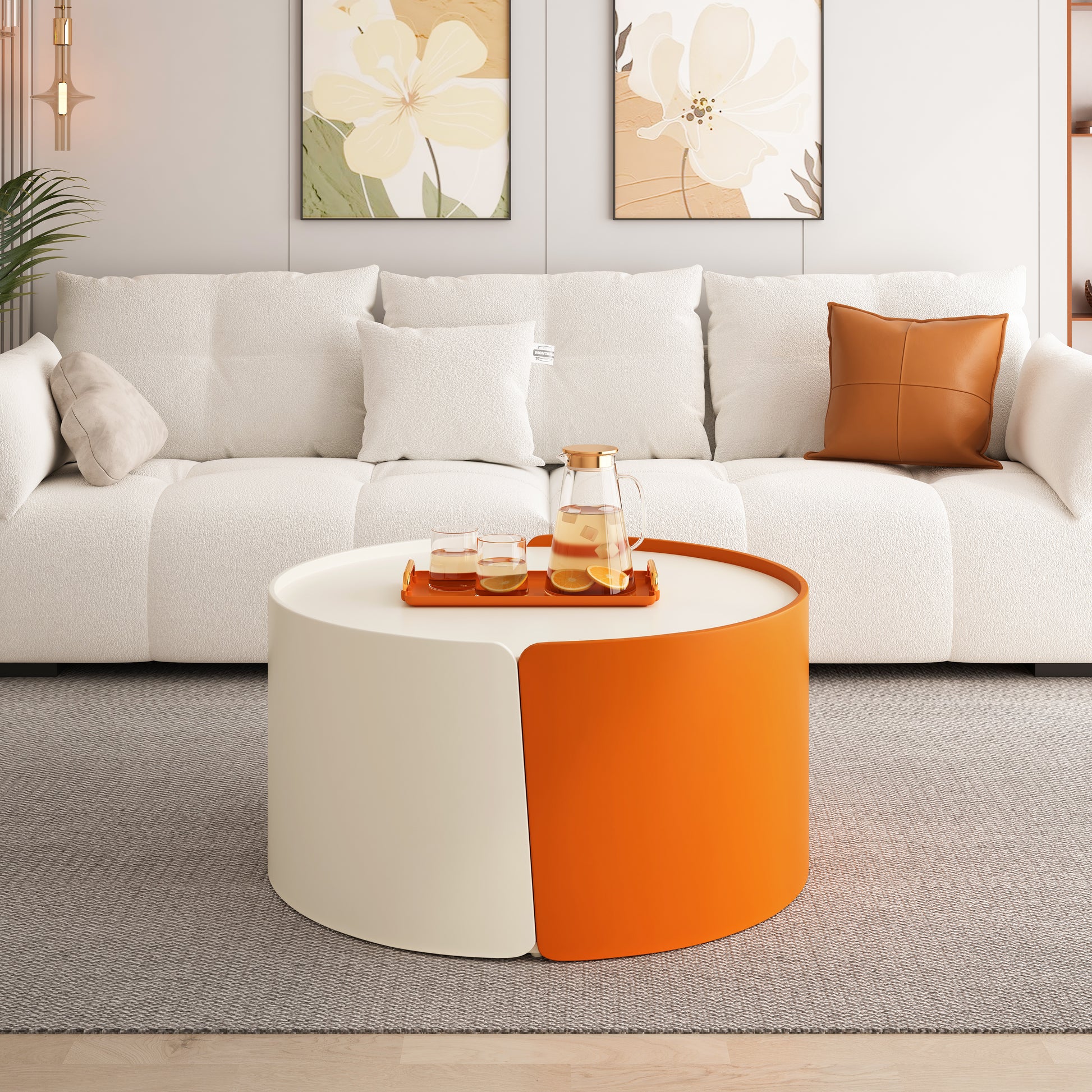 Nesting Coffee Table, Round Nesting Tables And End Tables For Small Space, Modern Side Tables With Extendable Sliding Tabletop For Living Room, Office,White, No Need Assembly Antique White Mdf