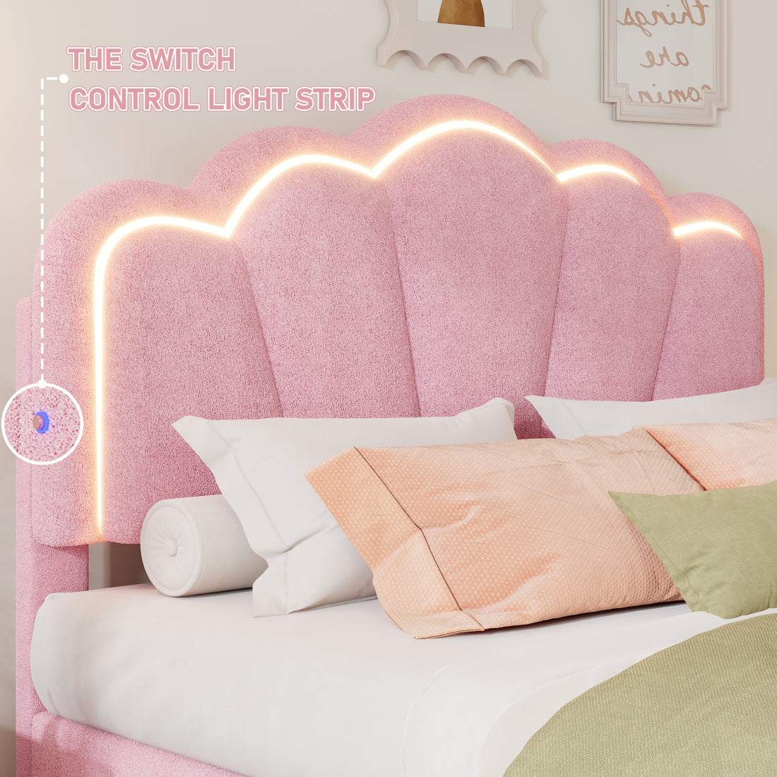2 Pieces Bedroom Sets Twin Size Flower Shaped Upholstered Led Platform Bed With Storage Ottoman Sherpa Fabric, Pink Twin Pink 2 Piece Set Wood