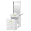 Small Vanity Desk With Mirror And Light, Dressing Table With Charging Station & Fold Up Panel For Small Space, Compact Makeup Vanity Set With Hidden Stool For Bedroom, White White Mdf,Tempered Glass