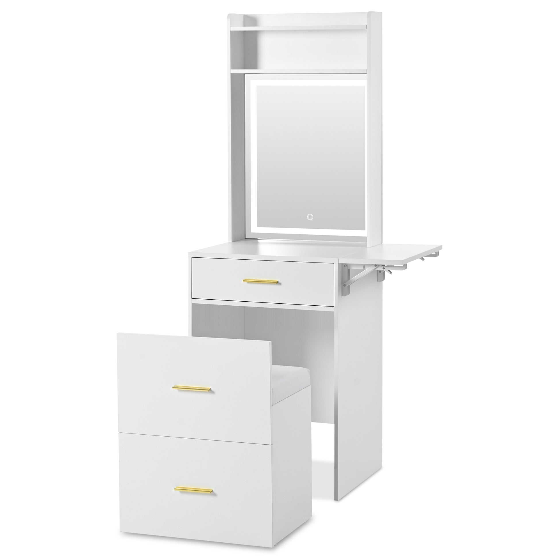 Small Vanity Desk With Mirror And Light, Dressing Table With Charging Station & Fold Up Panel For Small Space, Compact Makeup Vanity Set With Hidden Stool For Bedroom, White White Mdf,Tempered Glass