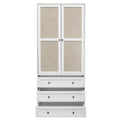 2 Door Wardrobe With 3 Drawers High Wardrobe Armoire With 2 Rattan Door For Living Room, Bedroom Organizer White Particle Board Mdf