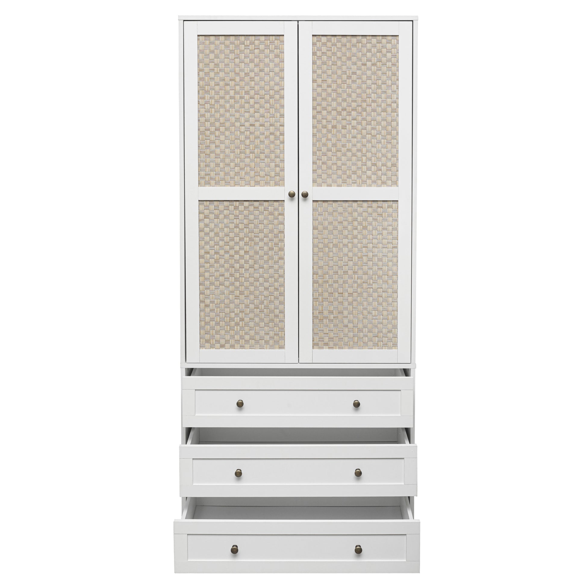 2 Door Wardrobe With 3 Drawers High Wardrobe Armoire With 2 Rattan Door For Living Room, Bedroom Organizer White Particle Board Mdf