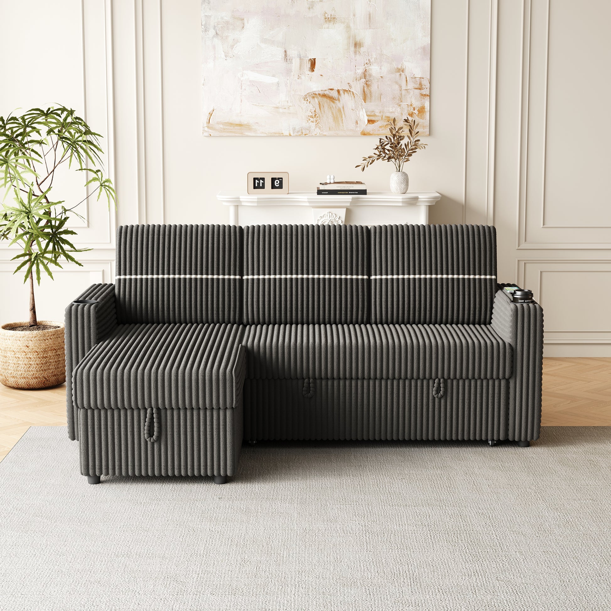 85 Inches Corduroy Sofa Bed, 3 Seater Sleeper Sofa With Storage Chaise, Square Handrail With Two Cup Holder And Usb Charge Port, Pull Out Couch For Living Room Dark Grey Corduroy 3 Seat