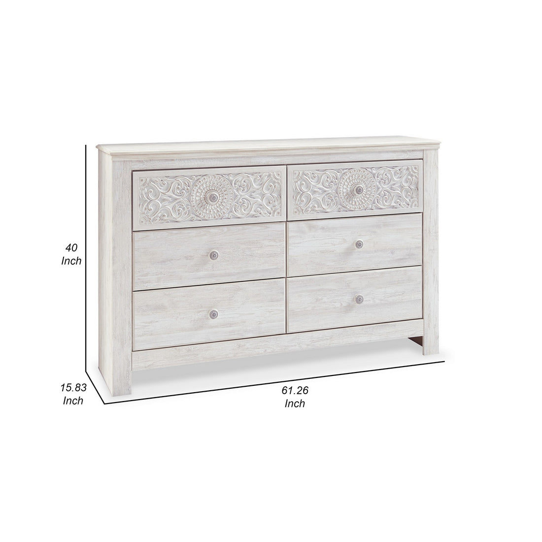 61 Inch Modern Wide Dresser, Whitewashed Wood, 6 Drawers, Medallion Details White Wood