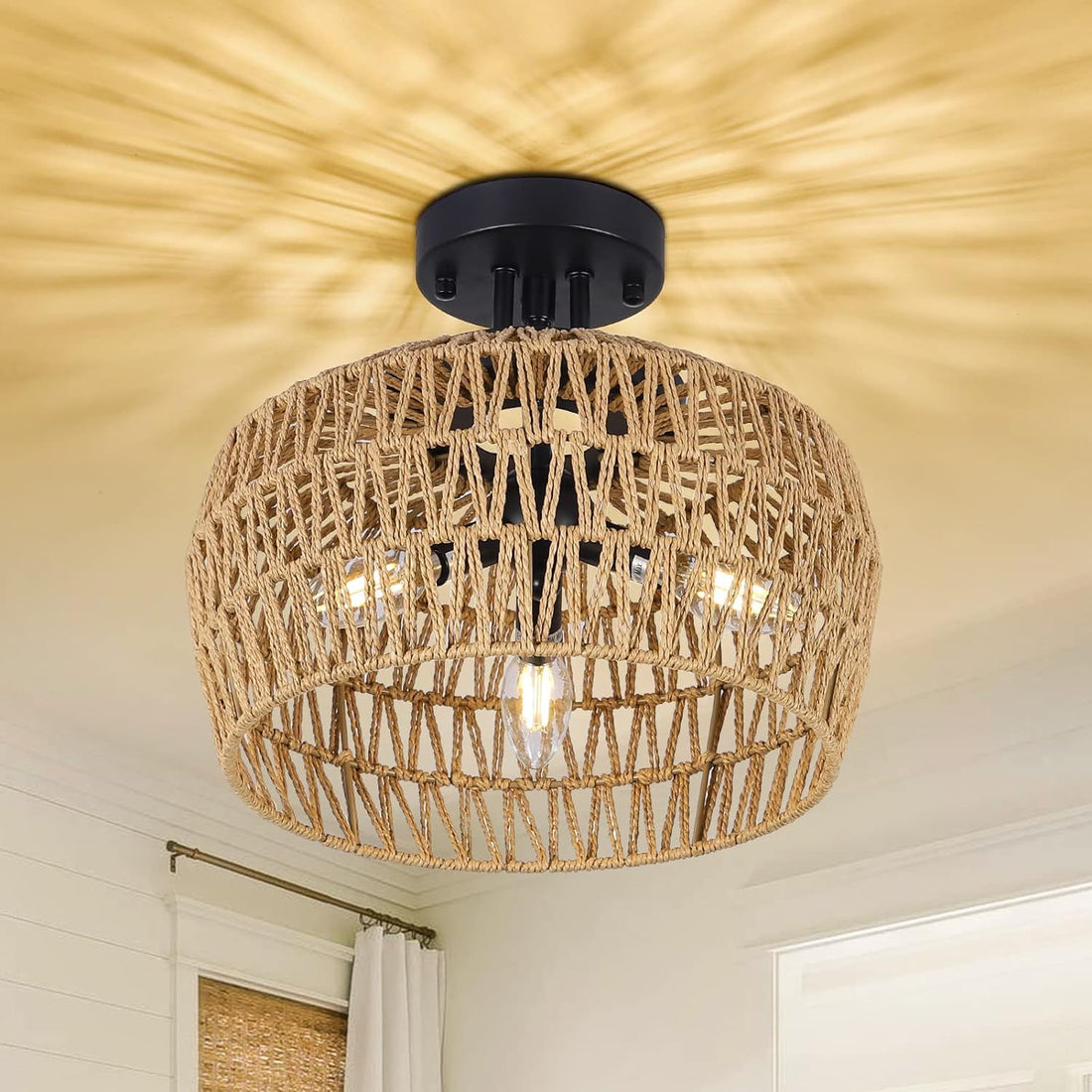 Semi Flush Mount Ceiling Light, Rattan Light Fixture Ceiling Mount With Handmade Wicker Lampshade, 3 Lights Boho Chandelier, Woven Close To Ceiling Light For Bedroom Hallway Living Room Kitchen Brown Rattan Metal