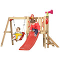 Outsunny 4 In 1 Wooden Swing Set Outdoor Playset With Baby Swing Seat, Toddler Slide, Captain'S Wheel, Horn, Kids Backyard Playground Equipment, Ages 1.5 4 Red Wood