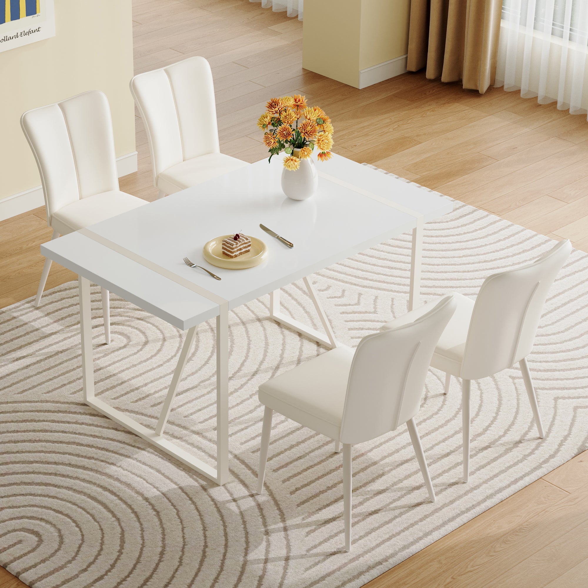 55"X31.5"Cream Style White Mdf Dining Table Set With 4 Armless Chairs.Mdf Tabletop And Metal Legs.The Backrest Of The Dining Chair Has A Vertical Line Design.Adding A Warm Atmosphere To Your Family.