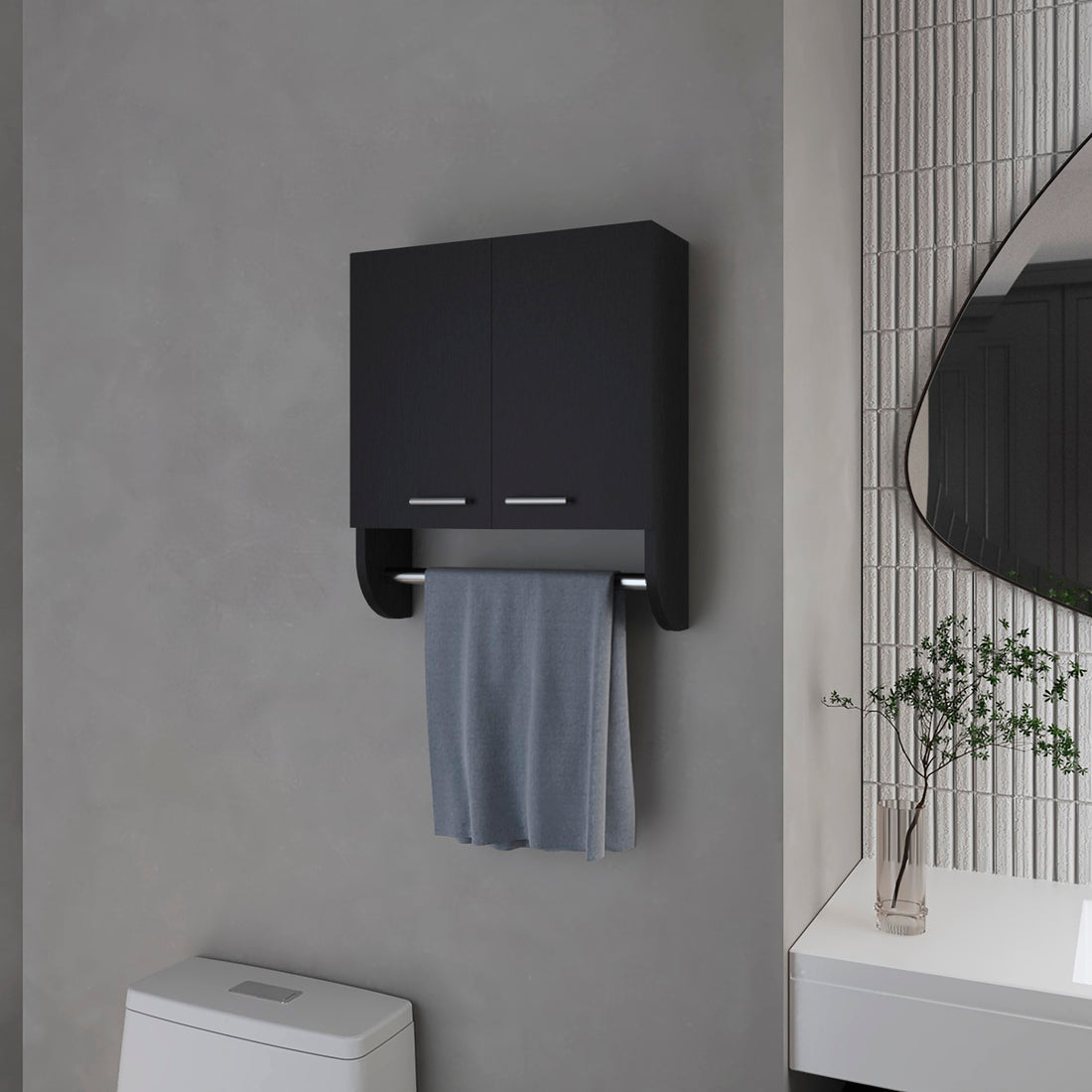 Goodyear Medicine Cabinet In Melamine With A Towel Bar, Black Black 2 2 Bathroom Wall Mounted Minimalist,Modern Particle Board Melamine