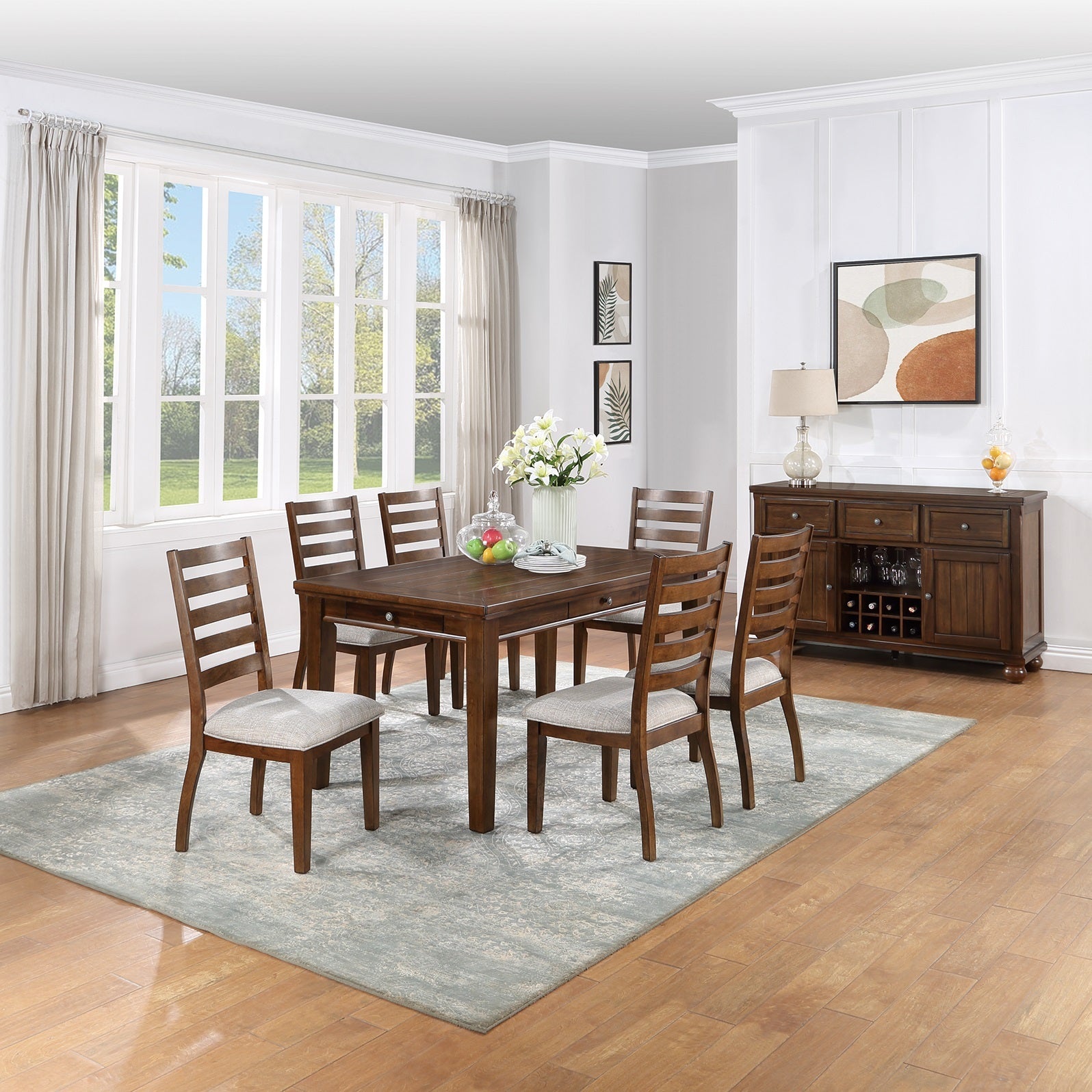 Contemporary Style 7Pc Dining Set Table W 4 Drawers 6X Side Chairs Ladder Back Walnut Finish Kitchen Dining Room Wood Dining Room Solid Wood Rubberwood Rectangular Dining Table With Chair Wood Wood Walnut Ladder Back Seats 6 60 Inches