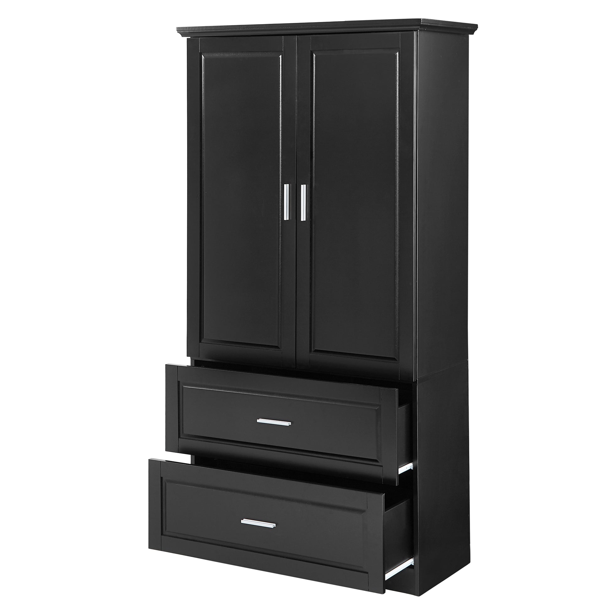 Tall Bathroom Storage Cabinet, Cabinet With Two Doors And Drawers, Adjustable Shelf, Mdf Board, Black Black Mdf