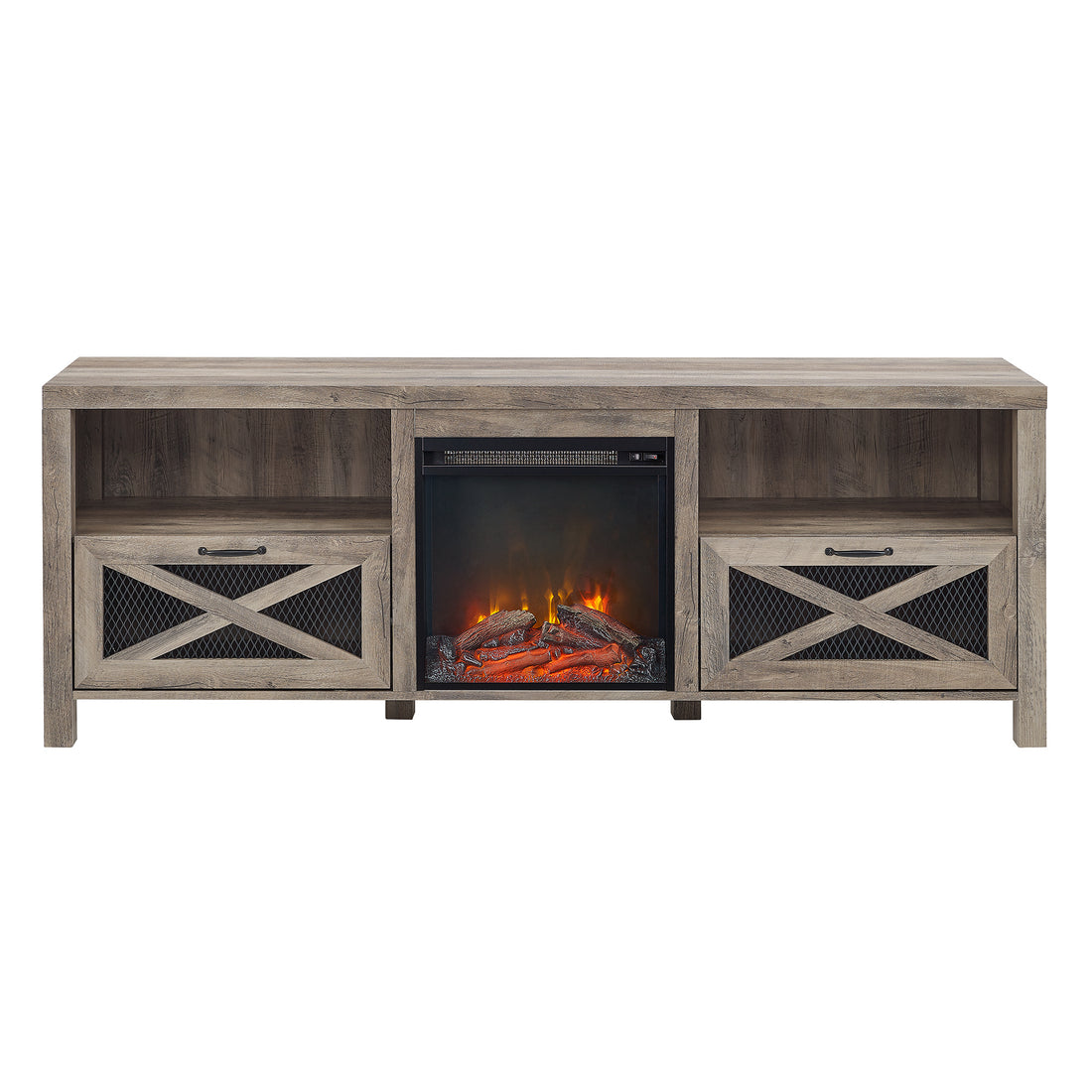 Industrial Farmhouse Metal Mesh Drop Down X Door 70" Fireplace Tv Stand For 80" Tvs Grey Wash Gray Wash Mdf