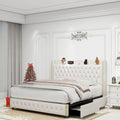 Queen Size Bed Frame With 4 Drawers, Star Projector Galaxy Light, Wingback Upholstered Headboard With Diamond Button, Usb Charger And Music Speaker, Pu Leather Cream Mdf Metal