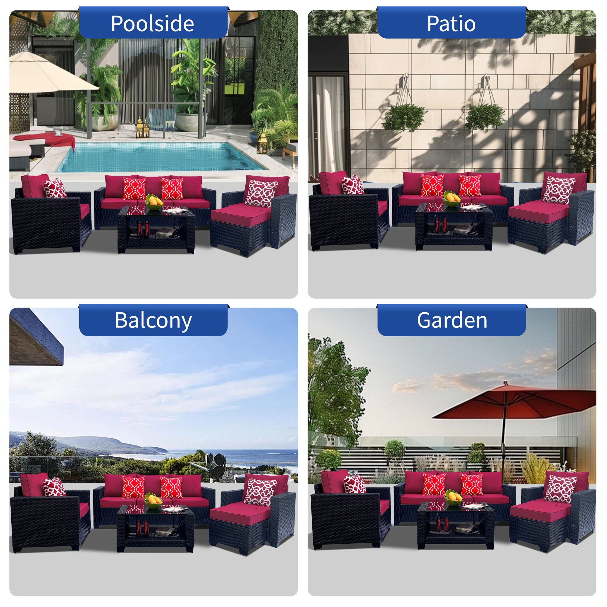 Outdoor Garden Patio Furniture 7 Piece Pe Rattan Wicker Cushioned Sofa Sets And Coffee Table, Patio Furniture Set Outdoor Couch Outdoor Couch Patio Furniture Outdoor Sofa Patio Couch Yes Complete Patio Set Red Seats 6 Weather Resistant Frame Water