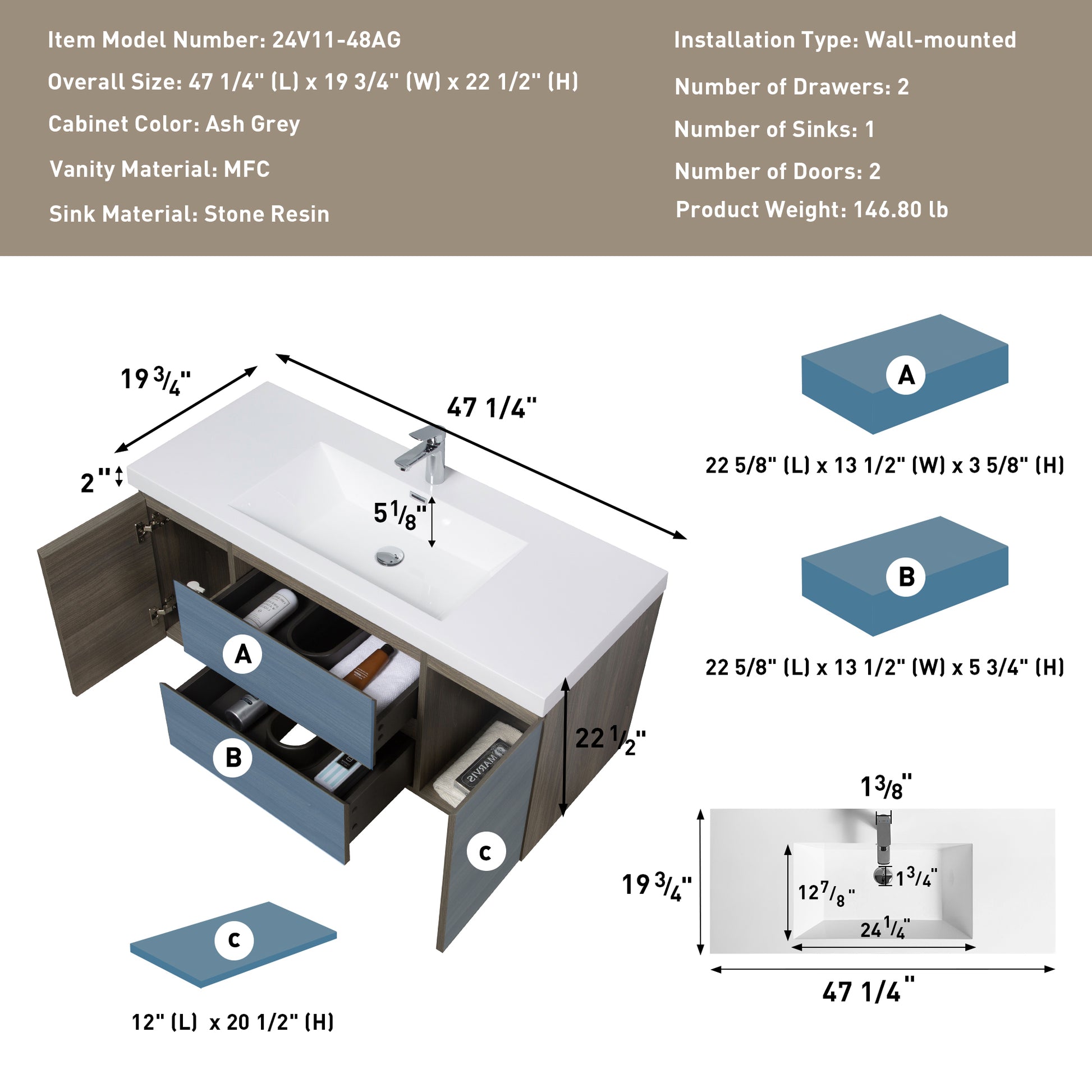 48" Floating Bathroom Vanity With Sink, Modern Wall Mounted Bathroom Storage Vanity Cabinet With Resin Top Basin And Soft Close Drawers, Ash Grey 24V11 48Ag 2 Grey 2 Bathroom Melamine