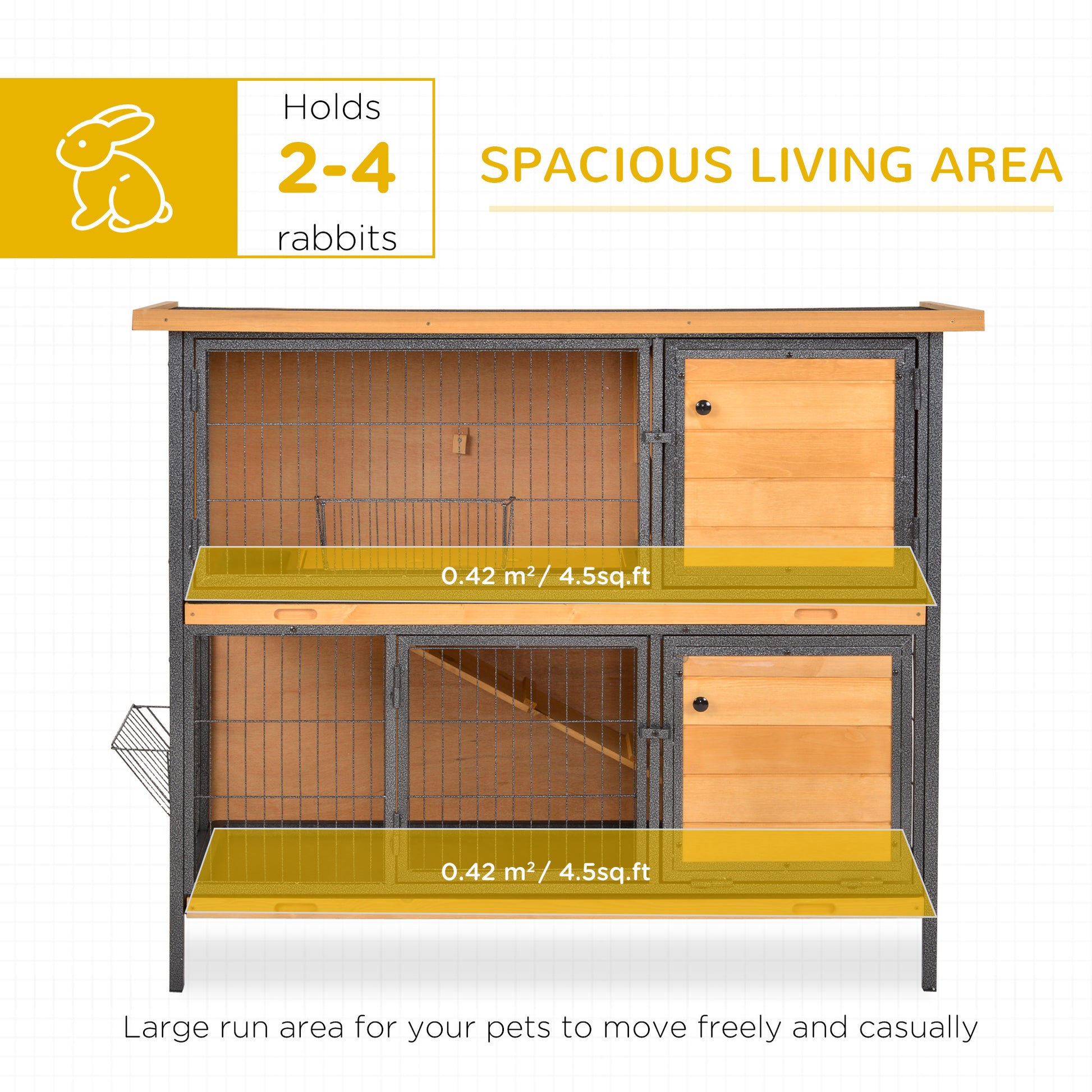 Pawhut 48" 2 Story Large Rabbit Hutch Bunny Cage Wooden Pet House Metal Frame With Individual Room, Ramp, No Leak Tray, Feeding Trough, Waterproof Asphalt Roof For Outdoor Indoor Light Yellow Wood