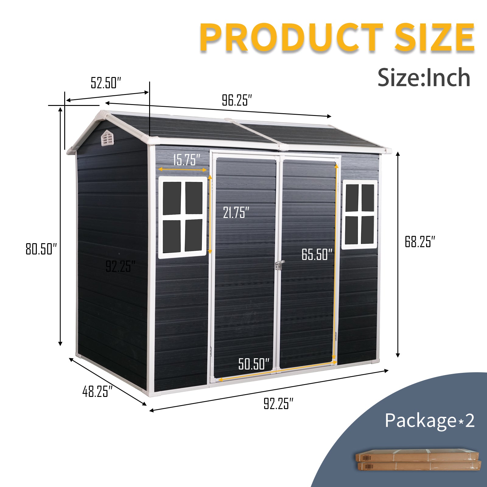 4X8Ft Resin Outdoor Storage Shed With Two Window And Double Door,Plastic Shed With Floor For Gargen,Patio,Yard,Lawn,Black Black Polypropylene