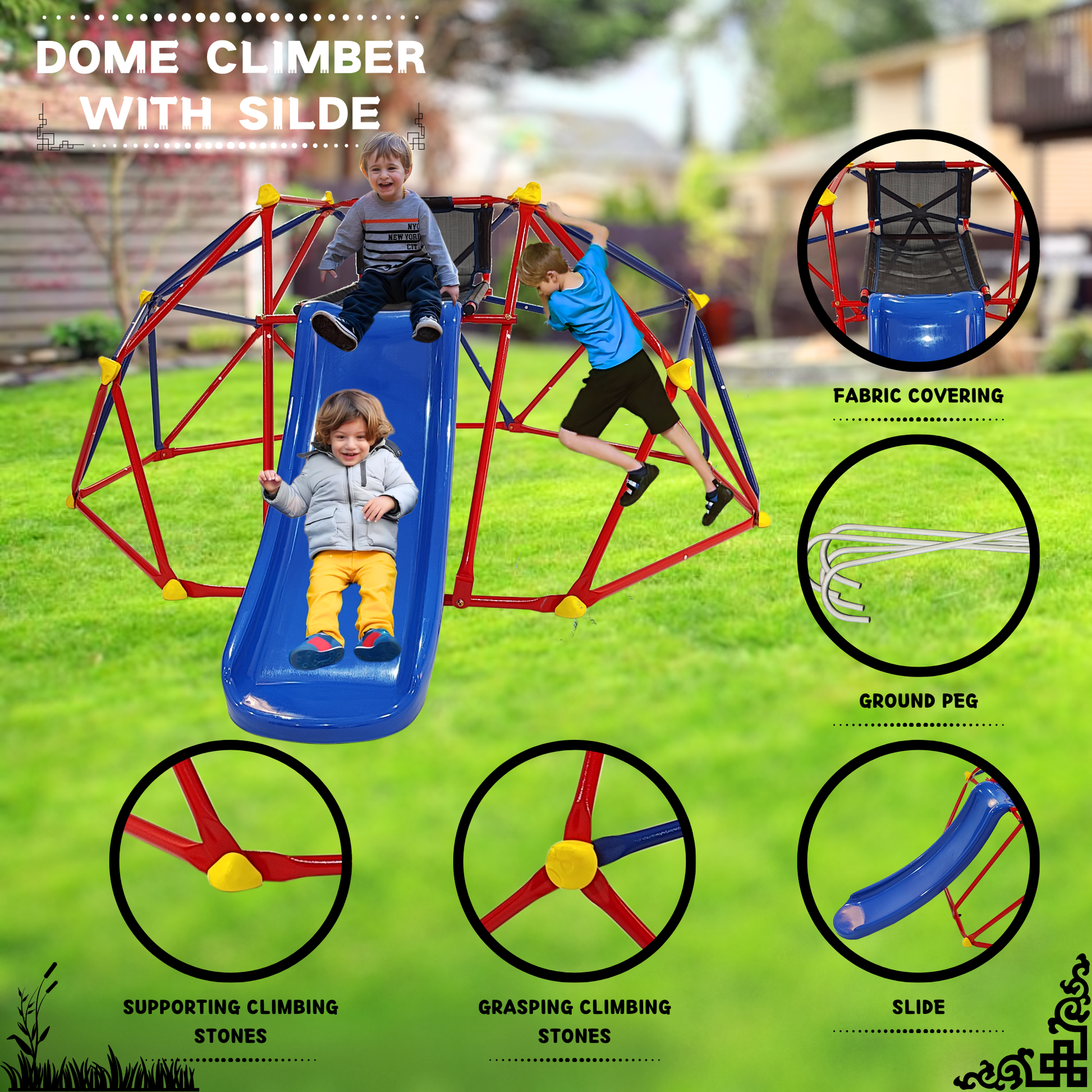 Xcf007 6Ft Dome Climber With 1.2M Slide For Age 3 Climber With Climbing Stones Blue Red Metal