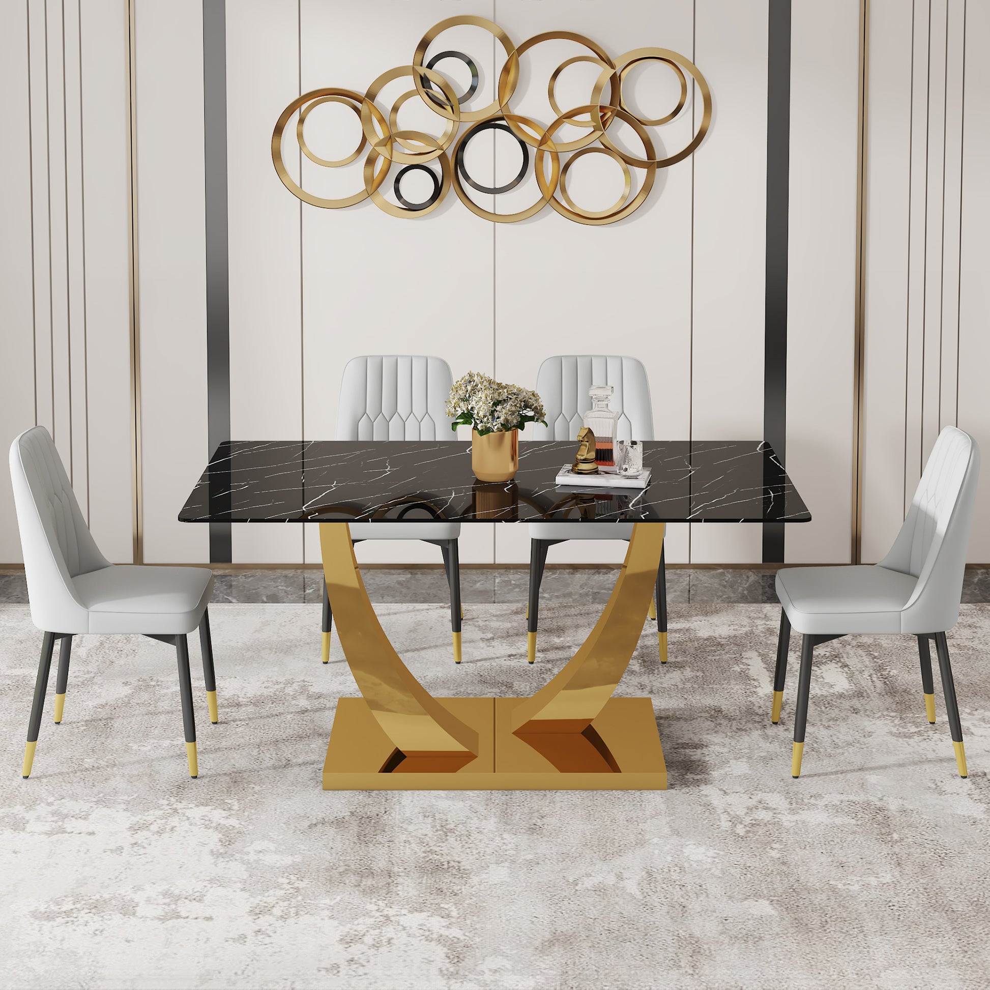 Table And Chair Set.Modern Rectangular Dining Table With Black Textured Stickers Glass Tabletop And Gold Plated Metal Legs.Paried With 4 Comfortable Chairs With Pu Seats And Black Metal Legs. Black