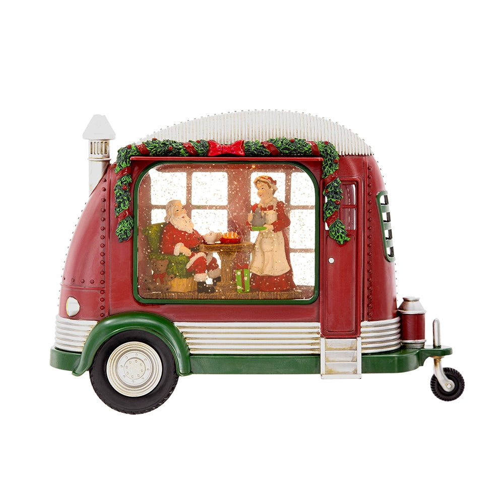 11.3X4.4X8"H Christmas Plastic Resin Camper With Mr & Mrs Santa Tea Time Led Water Spinning 2 Way Switch, 3*Aa Required Red Plastic