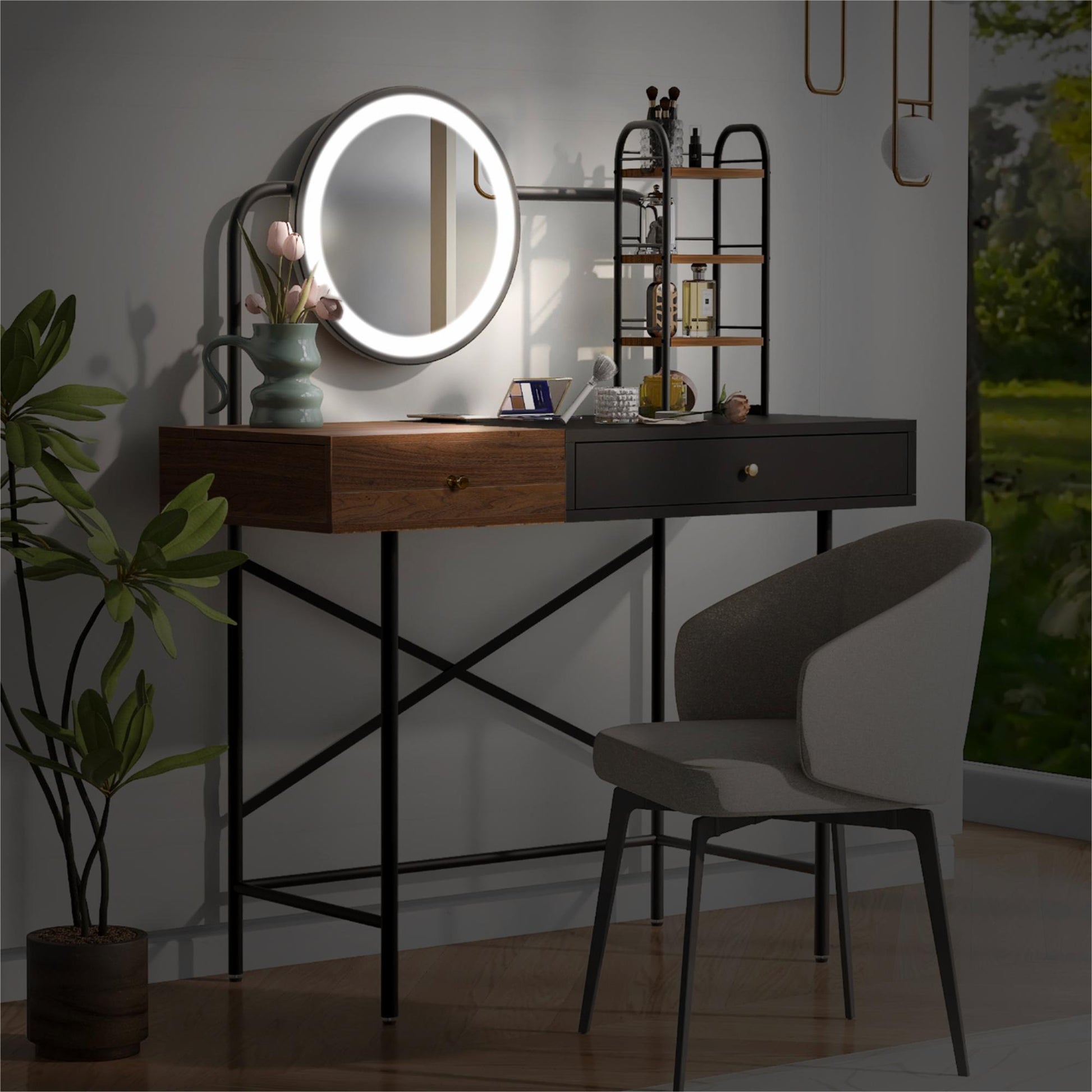 40" Makeup Vanity Desk With 3 Mode Lighted Mirror & Wireless Charging Stationvanity Table With Drawer & 3 Open Shelves For Large Storage Space, Dressing Table For Bedroom, Black Black 1 Drawer Glass Mdf Iron