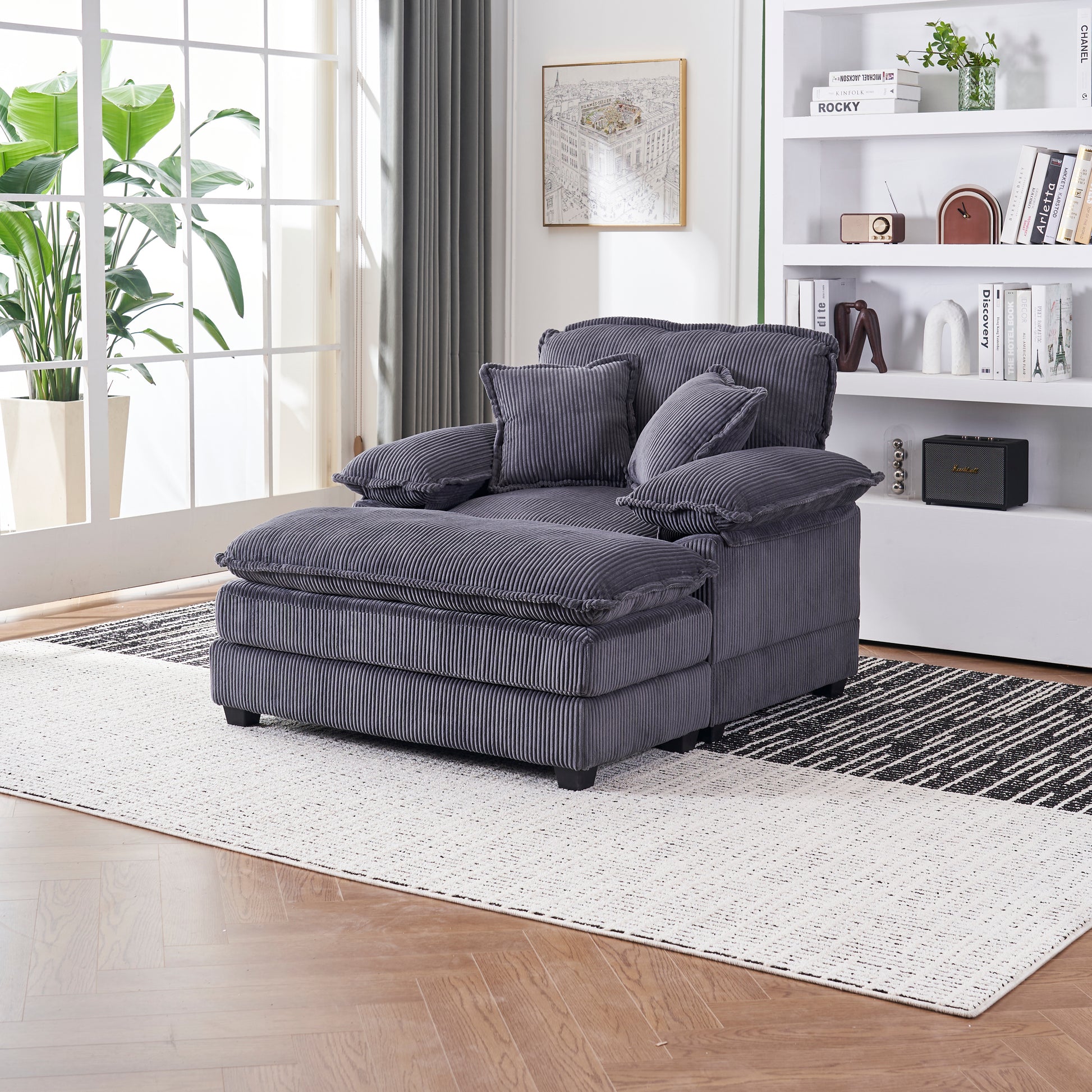 56.3 Inch Corduroy Single Sofa With 2 Toss Pillows And A Ottoman ,Comfy Sofa Deep Seat Couch For Living Room Grey Foam 1 Seat