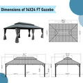 14X24Ft Hardtop Gazebo, Outdoor Gazebo With Galvanized Steel Double Roof, Aluminum Frame, Built In Gutter System, Curtain And Netting, Metal Gazebo Pavilion For Patio Deck Garden, Grey Grey Aluminum