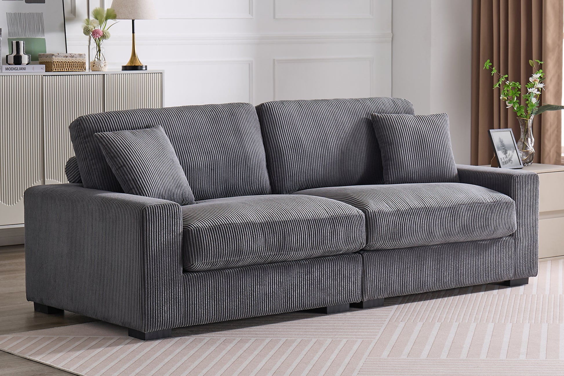 Modular Sectional Sofa,4 Seater Oversized Sectional Sofa, Corduroy Fabric With 2 Ottoman Bench And 2 Pillows, Modular Sectionals Sofa Couch For Living Room Gray Corduroy 4 Seat