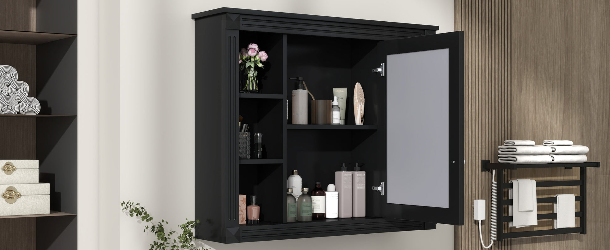 35'' X 28'' Wall Mounted Bathroom Storage Cabinet, Medicine Cabinet, Modern Bathroom Wall Cabinet With Mirror, Mirror Cabinet With 6 Open Shelves Not Include Bathroom Vanity Black 1 Mirror Included