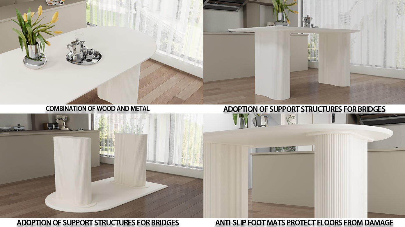 63 "Mdf Cream Style Coffee Table And Modern Dining Chair 4 Piece Set, Modern Fashion Kitchen Table Set, Round Wave Table Legs, Dining Table And Linen Chair Beige White Mdf