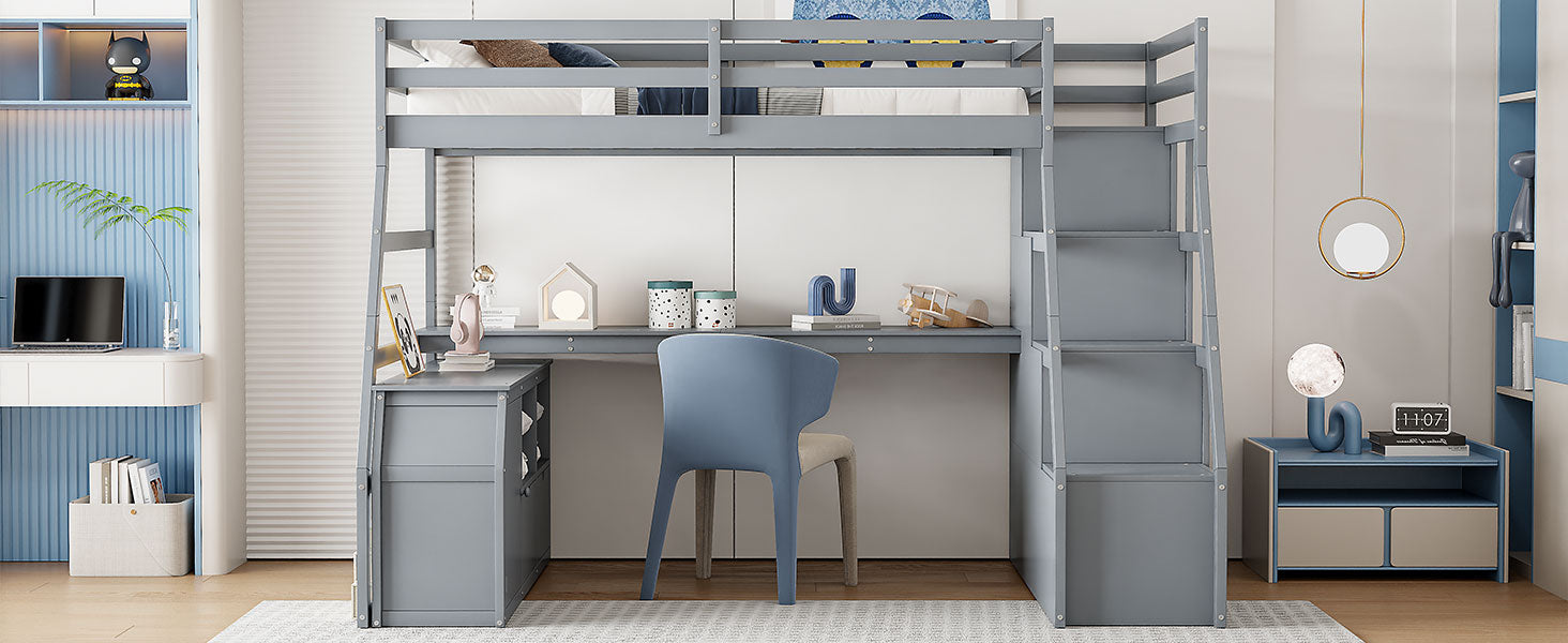 Full Size Loft Bed With 7 Drawers 2 Shelves And Desk Gray Full Gray Plywood