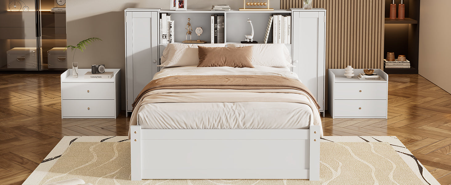 Twin Size Platform Bed With Storage Headboard And Lockers, White Twin Box Spring Not Required White Wood Bedroom Solid Wood Mdf