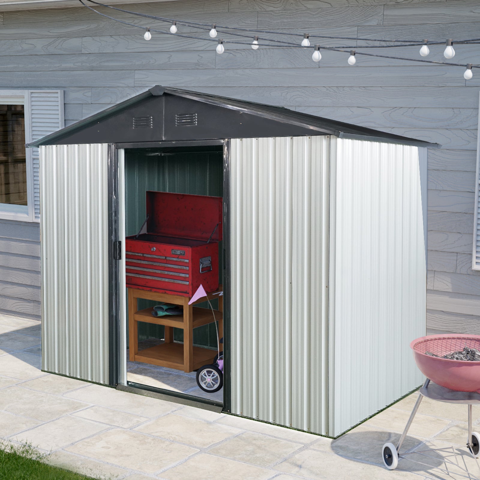 8Ft X 4Ft Outdoor Metal Storage Shed With Sliding Door And Foundation For Backyard, Patio, Lawn White And Black White Black Metal