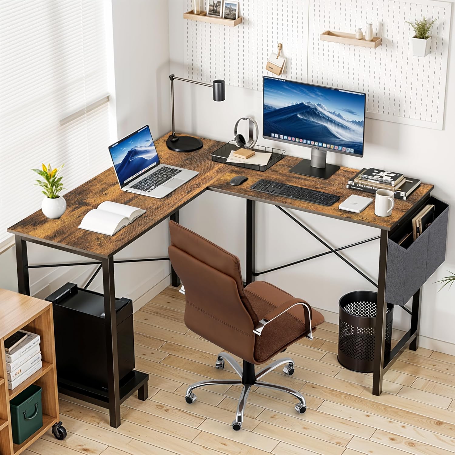 L Shaped Desk Gaming Computer 50 Inch Reversible Corner Table Pc For Writing Study Student With Wood Tabletop Metal Frame Cpu Stand Side Bag For Home Office Small Place, Rustic Brown Wood