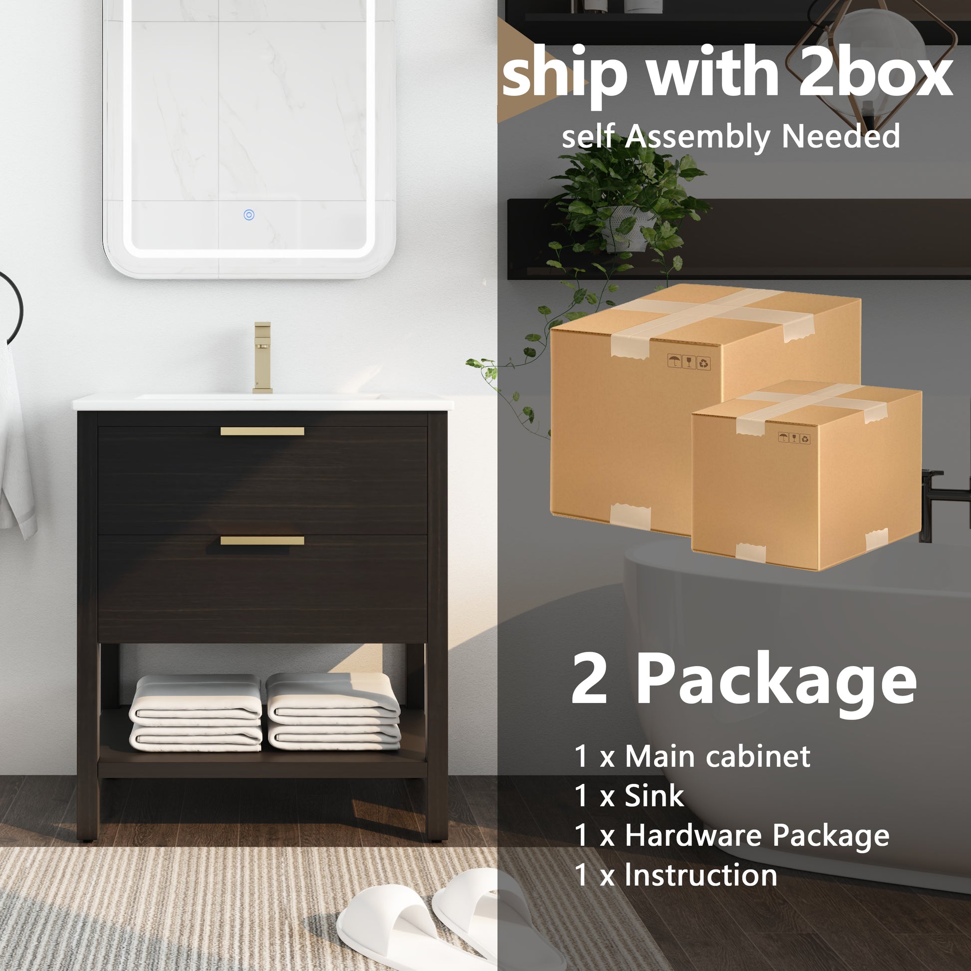 30 Inch Bathroom Vanity With Sink And 2 Soft Close Drawers, Golden Handle Bvb01030Bctg Bl9075B Black Chestnut Bathroom Modern Plywood
