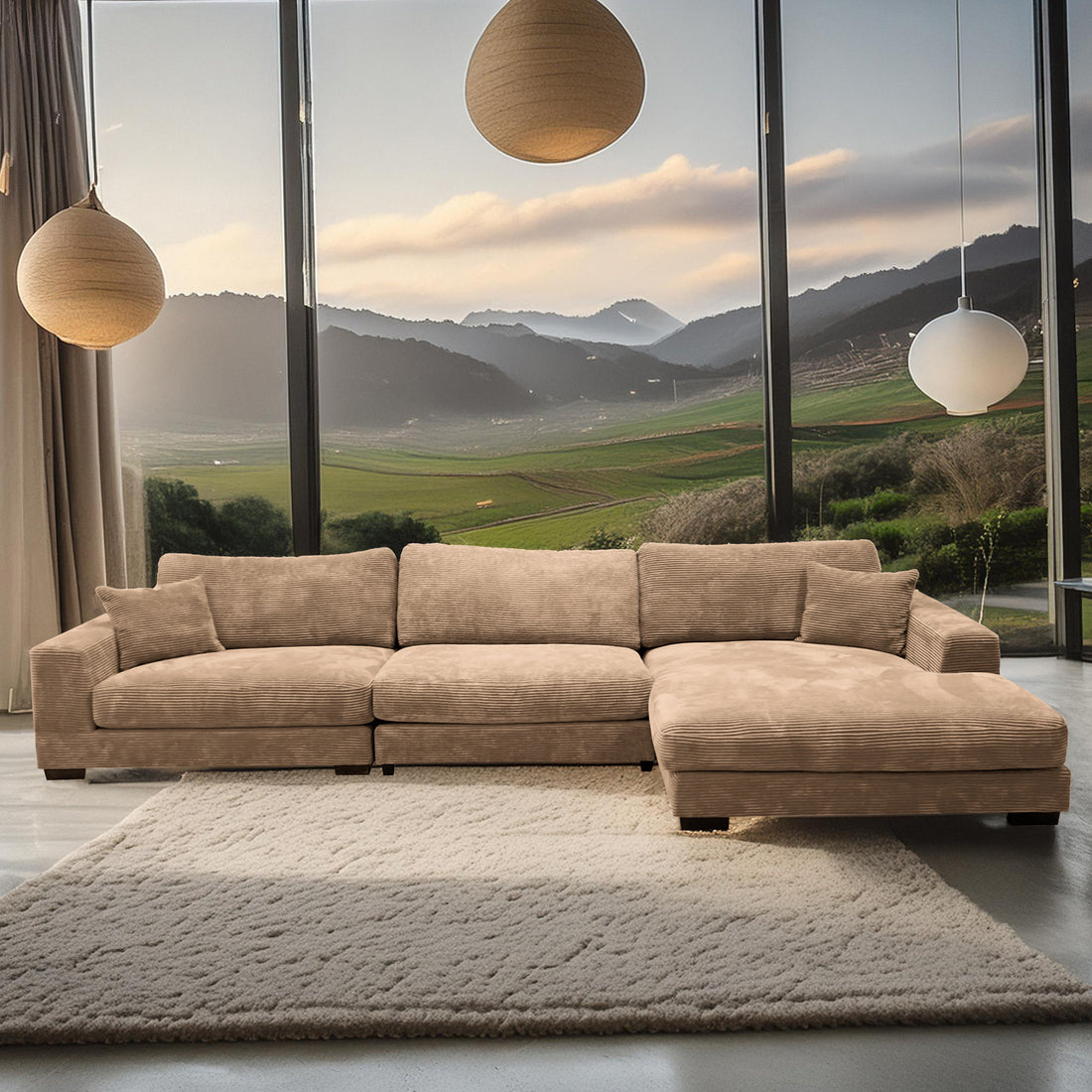 Bella Tan Corduroy Right Facing 3 Piece Sectional Tan Wood Corduroy 3 Seat