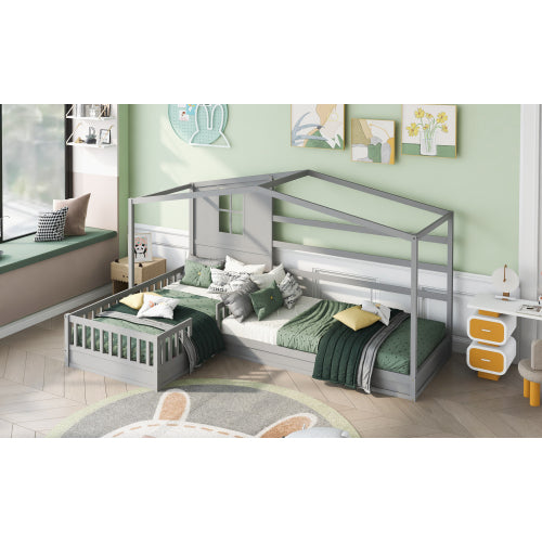 Wood House Bed Twin Size, 2 Twin Solid Bed L Structure With Fence And Slatted Frame, Gray Twin Gray Plywood