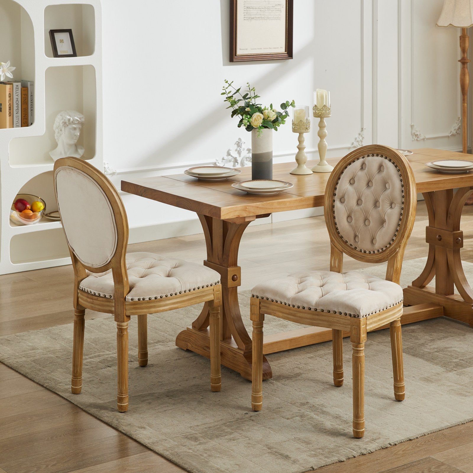 French Style Solid Wood Frame Antique Painting,Hand Pulled Buckle Decoration Velvet Artificial Leather Dining Chair With Trim ,Wood Legs,Steel Spring Inner,Set Of 2,Beige,Sw1739Bg Beige Dining Room American Design Dining Chairs Rubberwood Set Of 2 Foam