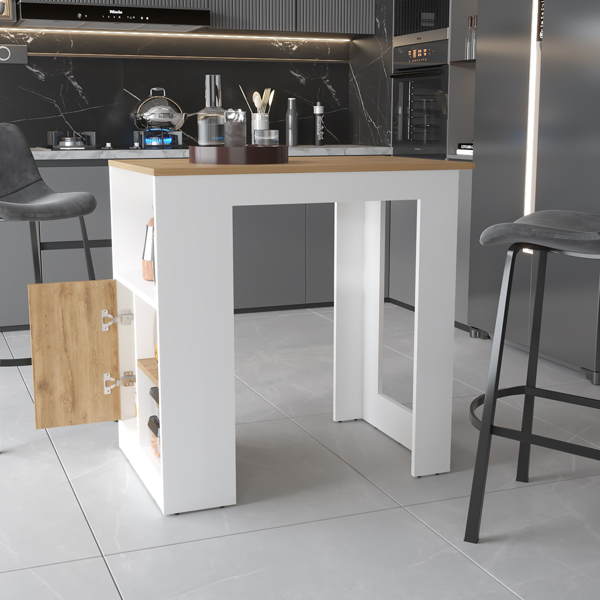 Arial Kitchen Island In Melamine With A Door And Open Storage Multicolor Kitchen Modern Rectangular Stationary Kitchen Islands Melamine Engineered Wood Small Less Than 40In