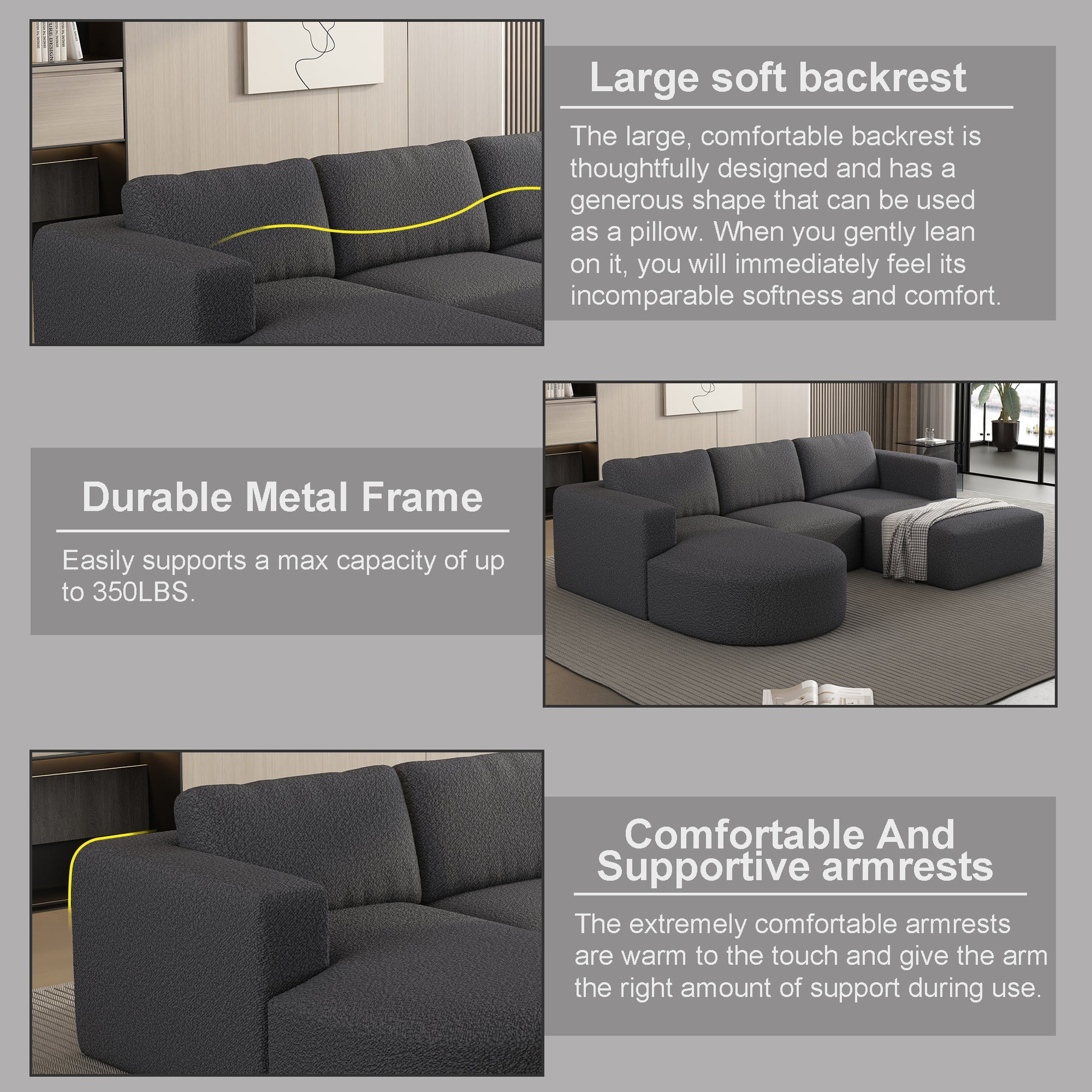 133.84*70.86 Modular Sectional Sofa Sleeper Couch, Sectional Sofa With Chaise And Ottoman, Convertible U Shaped Modular Sofa Set. Compressed Sponge, Dark Grey. Combo 2A B C D Dark Grey Primary Living Space Soft Minimalist,Modern Foam Spring 6 Seat