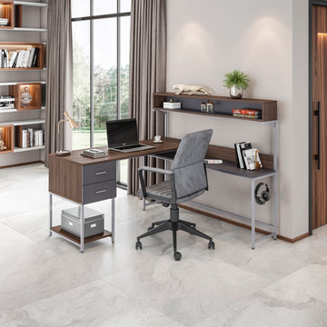 Techni Mobili L Shape Desk With Hutch And Storage, Walnut Walnut Computer Desk Office Modern L Shape Engineered Wood