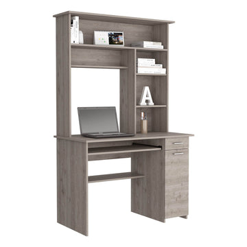 Compu Hutch Desk, Keyboard Tray, Door Panel For Cpu, Multiple Shelves, One Drawer, Light Gray Light Gray Solid Wood Mdf Engineered Wood