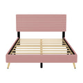 Queen Size Corduroy Upholstered Bed Frame, Platform Bed With Horizontal Stripe Headboard, No Box Spring Needed, Pink Queen Pink Bed Frame Solid Wood Mdf