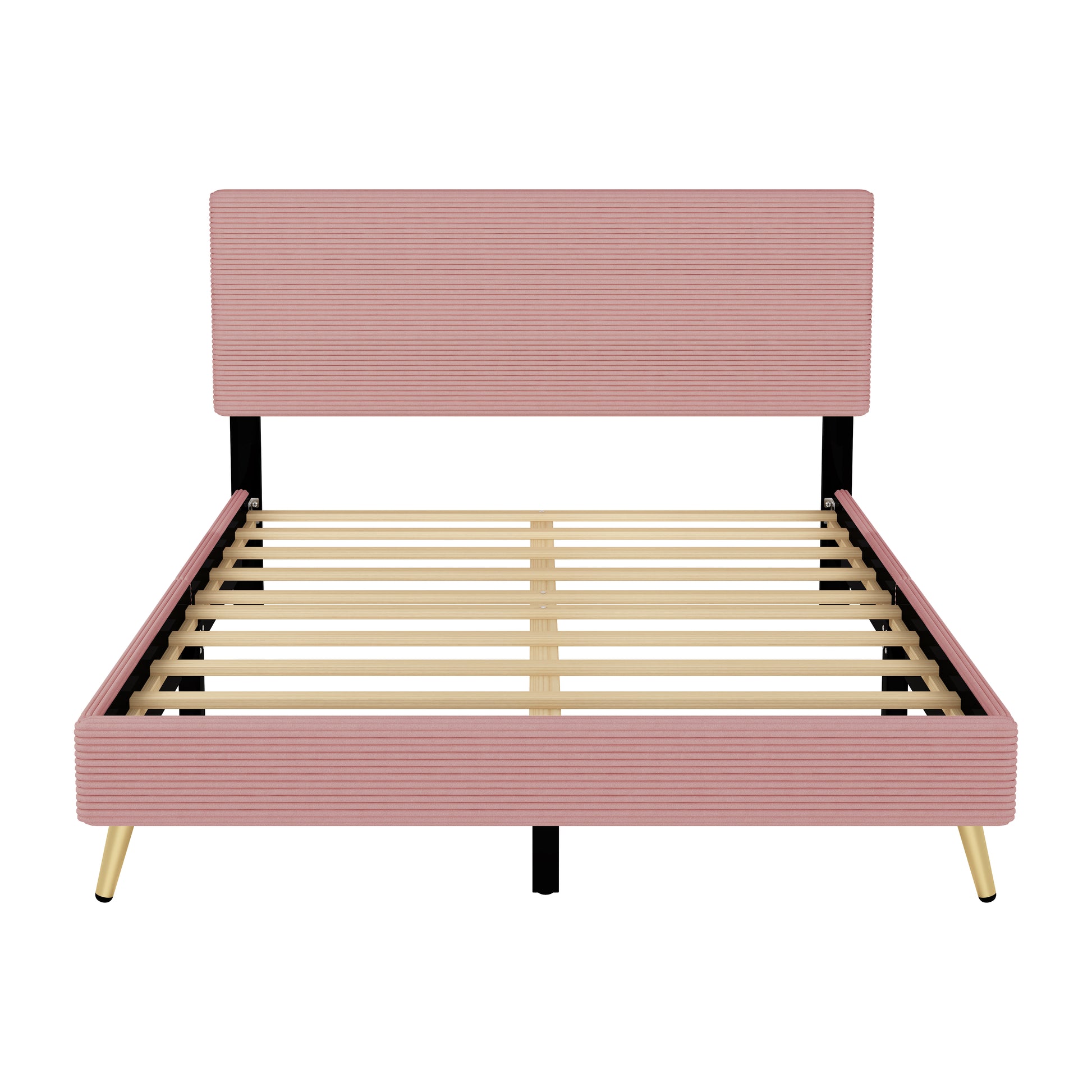 Queen Size Corduroy Upholstered Bed Frame, Platform Bed With Horizontal Stripe Headboard, No Box Spring Needed, Pink Queen Pink Bed Frame Solid Wood Mdf