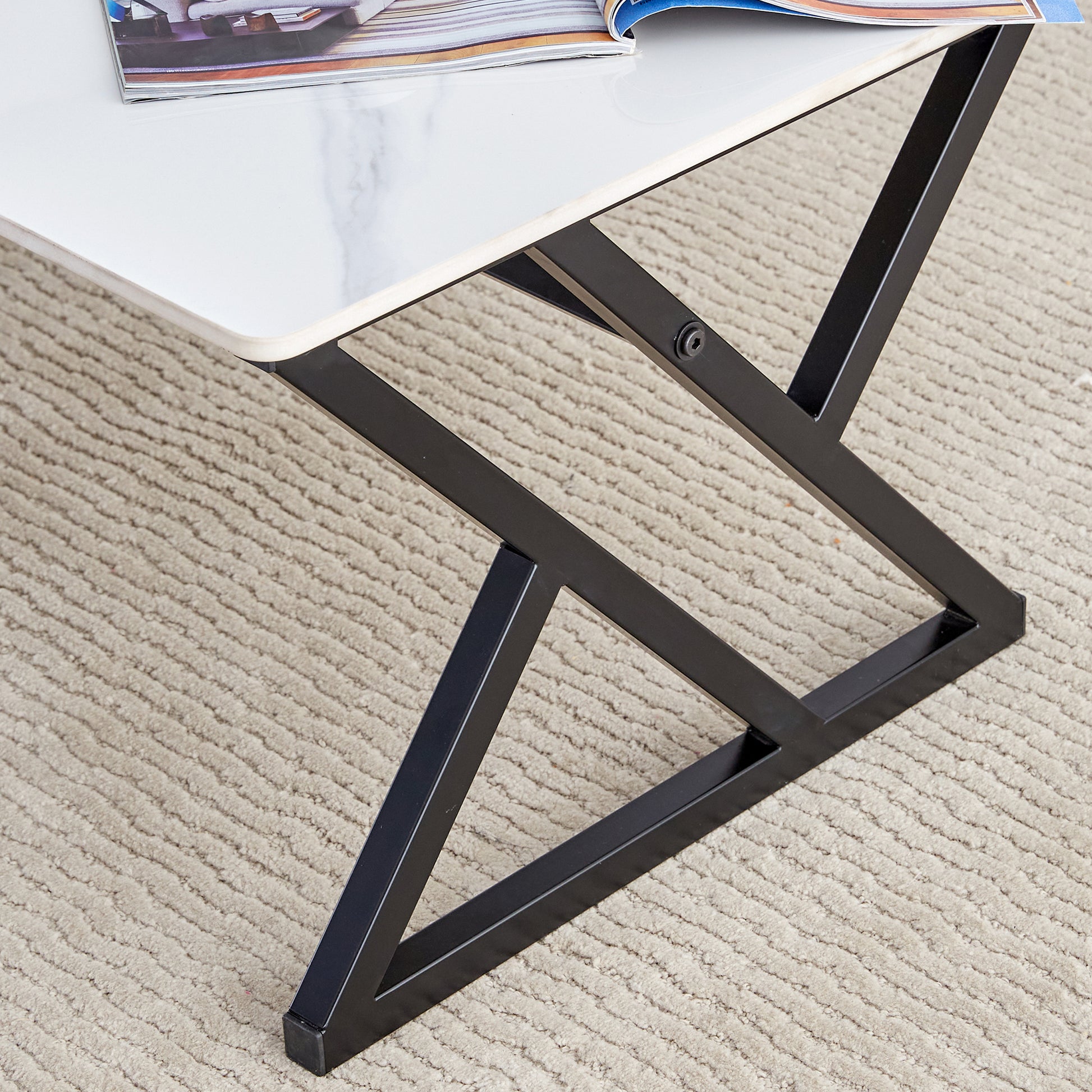 A Modern Minimalist Style White Marble Patterned Coffee Table With Black Metal Legs. Computer Desk. Game Table. Tea Table. Ct Xx White Black Sintered Stone