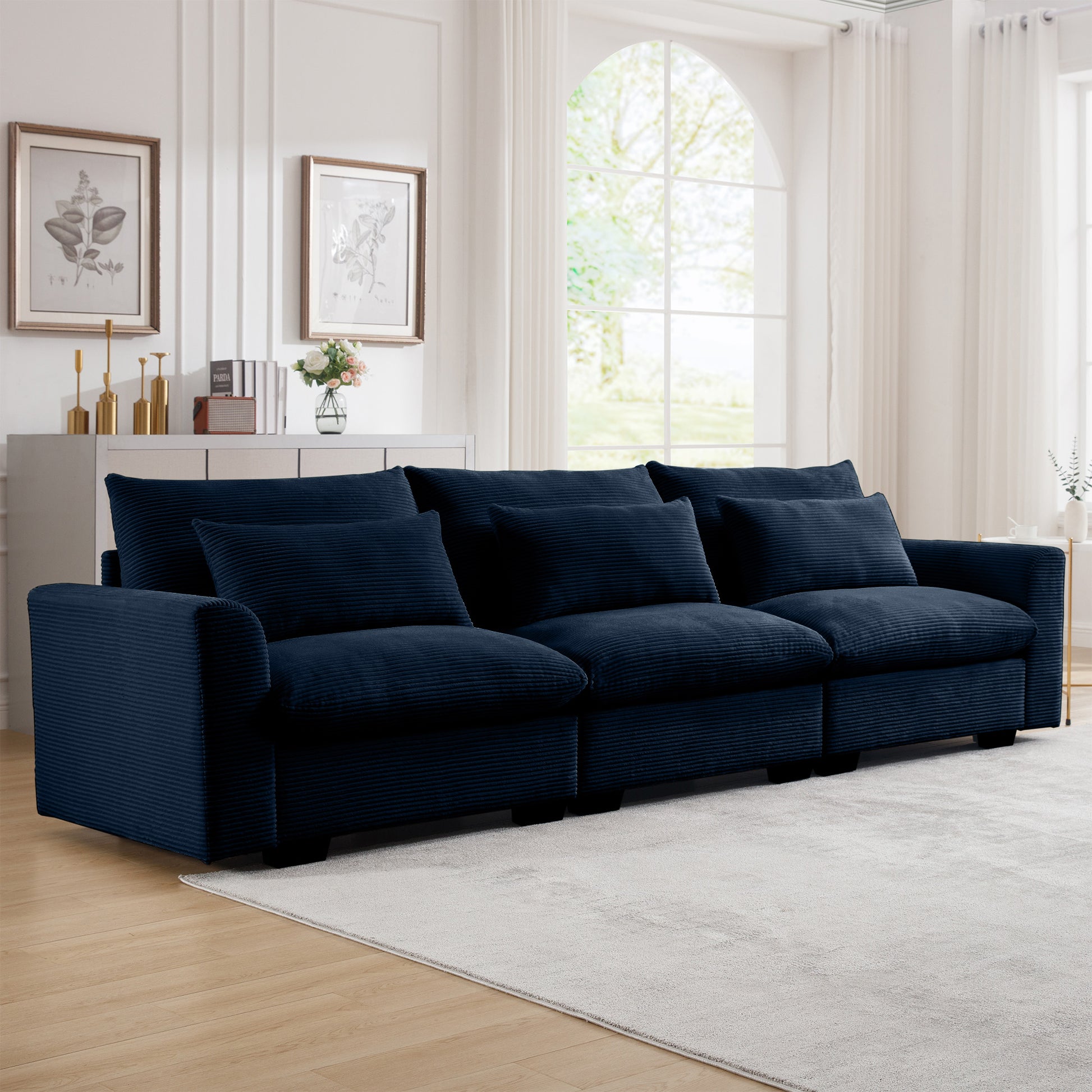 3 Seater Deep Seat Couches For Living Room, Wide And Deep Seat Comfy Living Roo Sofas With 3 Waist Pillows, Blue Corduroy Blue Corduroy 3 Seat