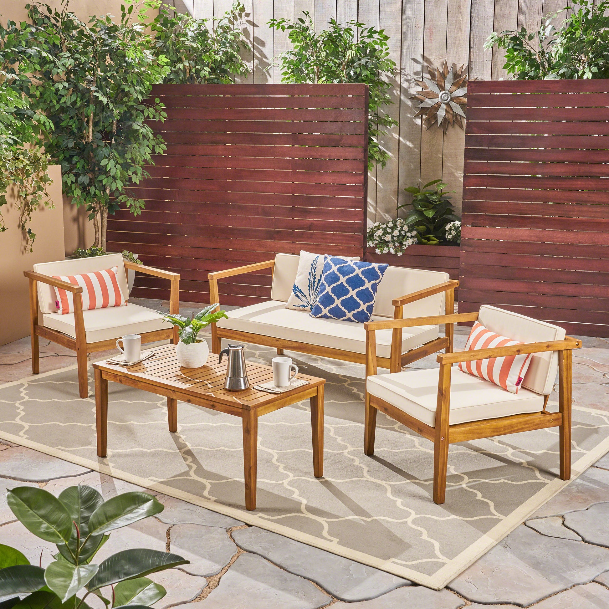 Outdoor 4 Seater Acacia Wood Chat Set With Coffee Table With Cushions, Teak And Beige Beige Acacia Wood