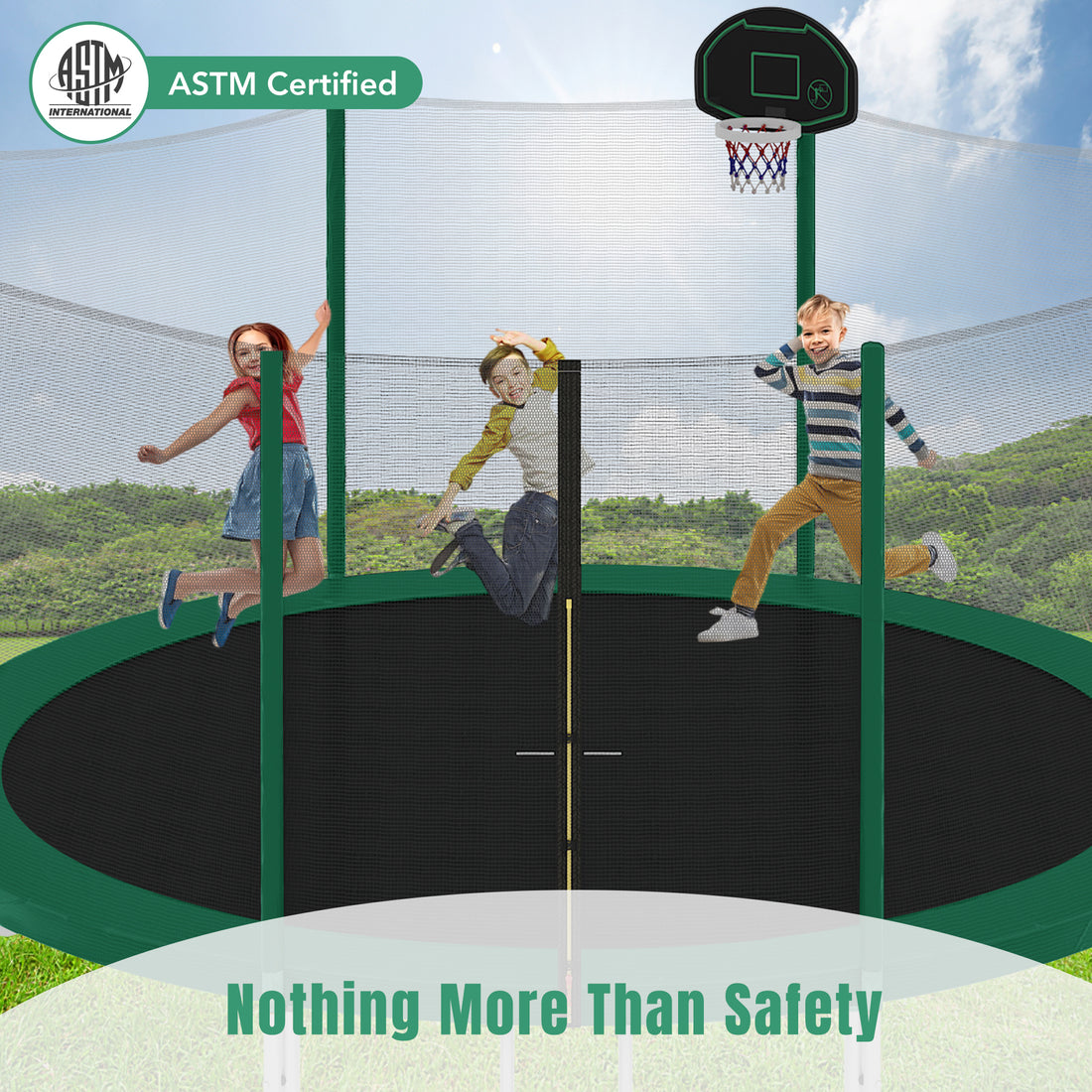 14Ft Trampoline For Kids With Safety Enclosure Net, Basketball Hoop And Ladder, Easy Assembly Round Outdoor Recreational Trampoline Green Metal